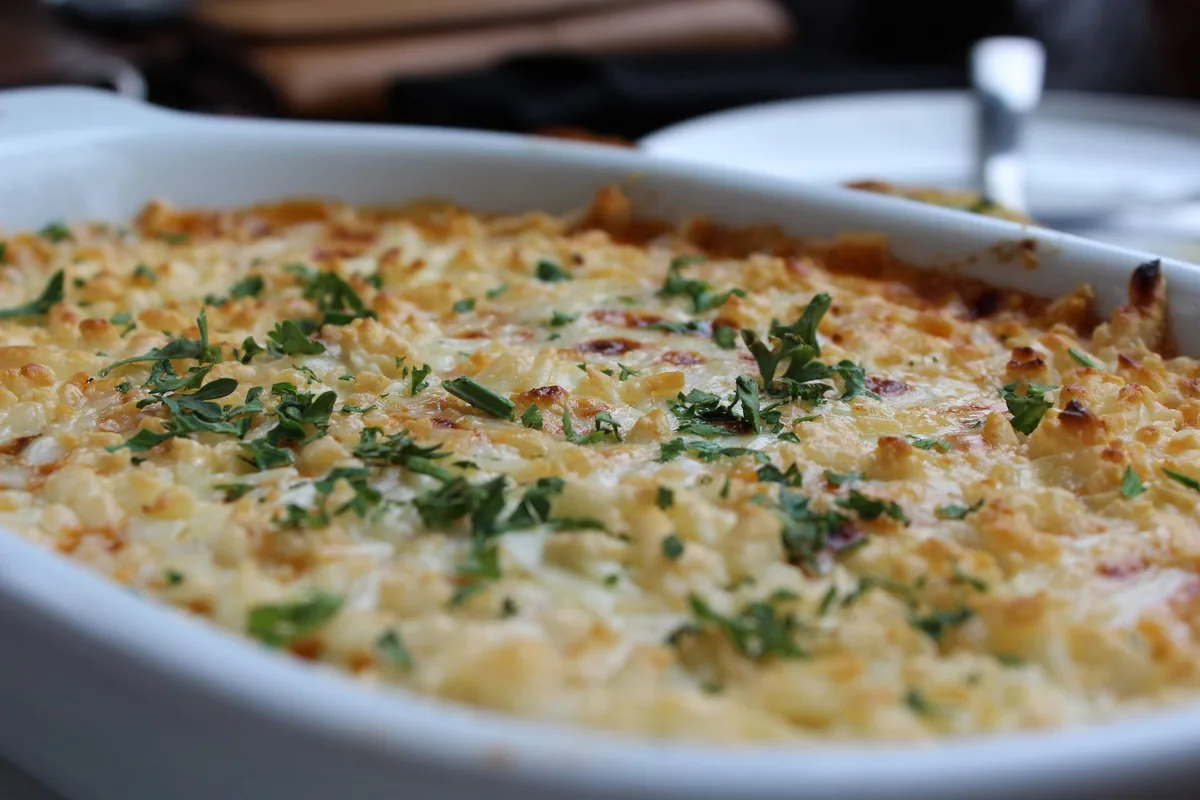 Golden baked casserole dish topped with herbs