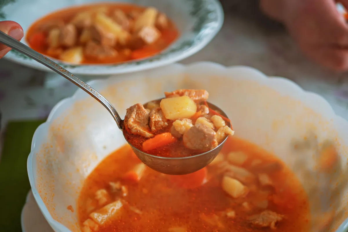 Homemade soup with meat and vegetables served with bread