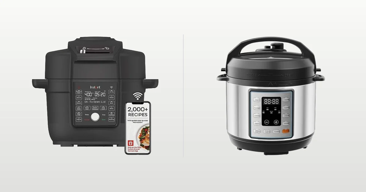 Instant Pot Duo Crisp with WiFi beside an OLIXIS 3 quart preset pressure cooker