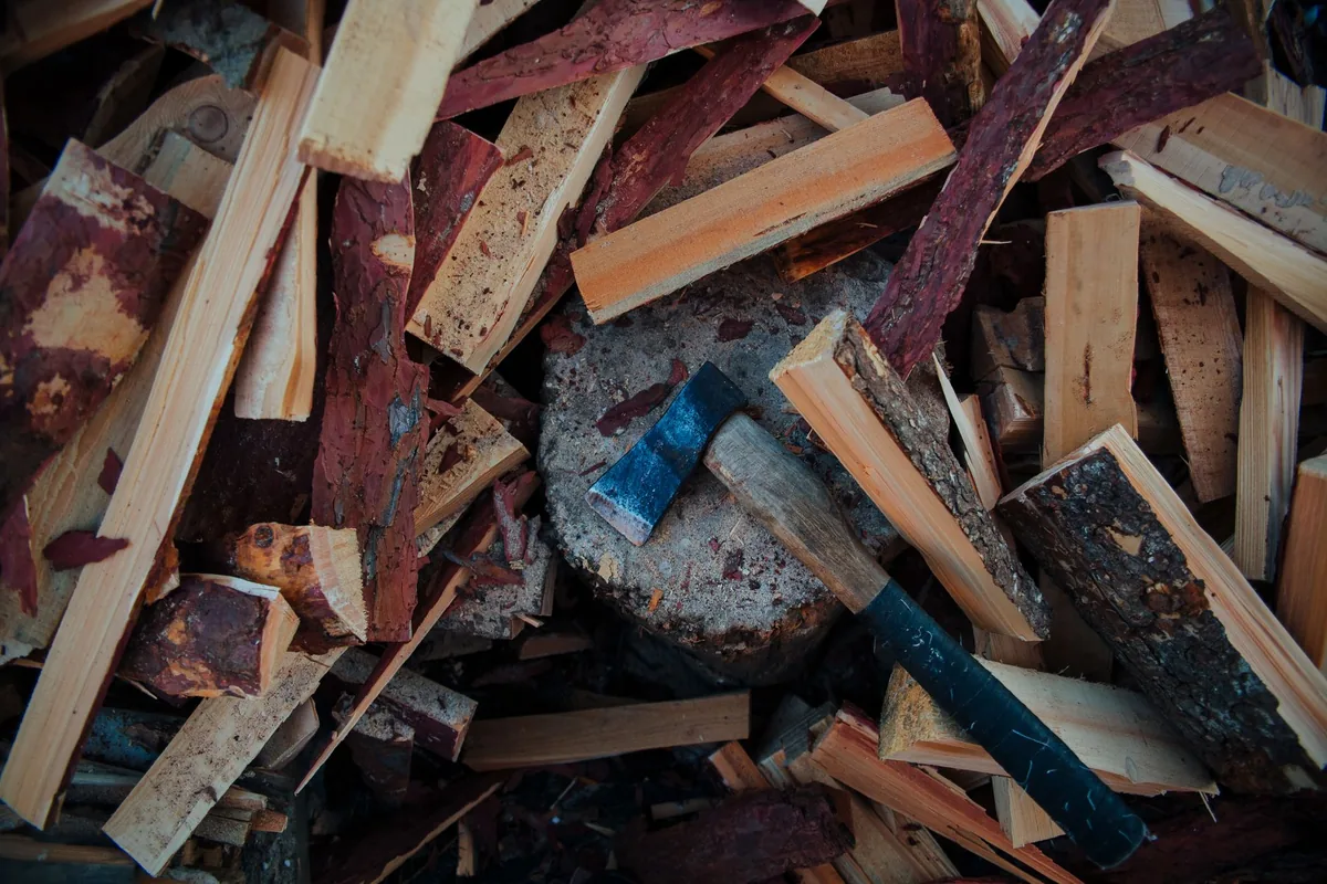 Split firewood and an axe