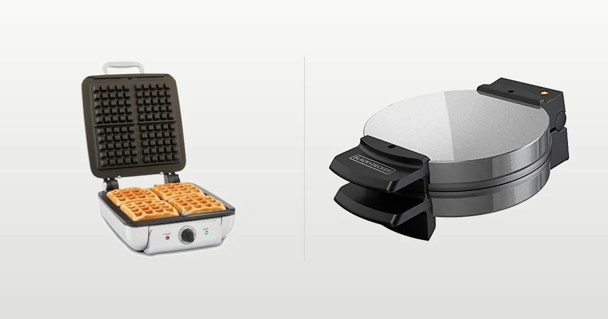 All-Clad stainless steel four section waffle maker and BLACK+DECKER Belgian waffle maker compared side by side