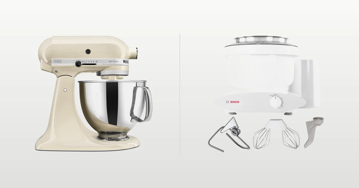 KitchenAid Artisan and Bosch Universal Plus stand mixers compared side by side