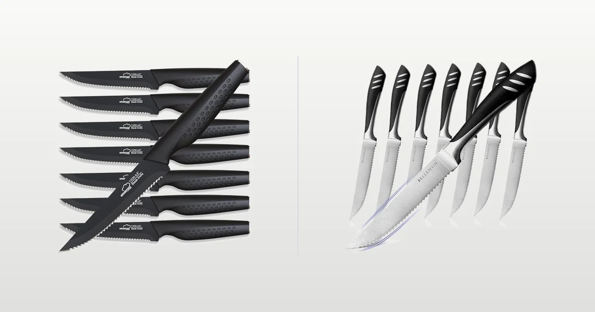 Serrated steak knife set of eight beside a plain edge non serrated steak knife set
