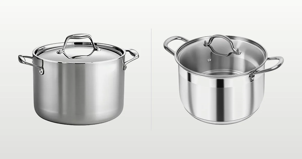 Tri-ply clad stainless steel stock pot beside a large capacity stainless stock pot