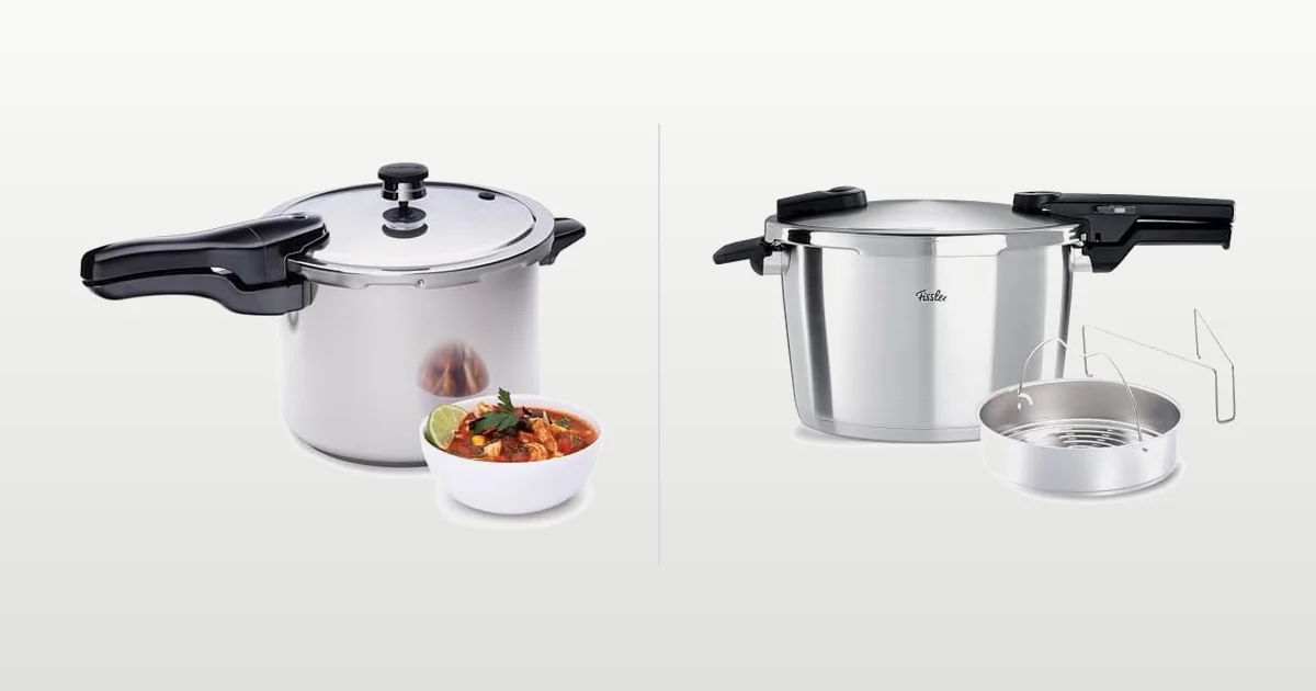 Presto 01362 stainless steel pressure cooker and Fissler Vitaquick premium pressure cooker compared side by side