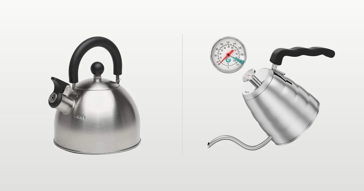 Primula Stewart whistling tea kettle and Coffee Gator gooseneck kettle compared side by side