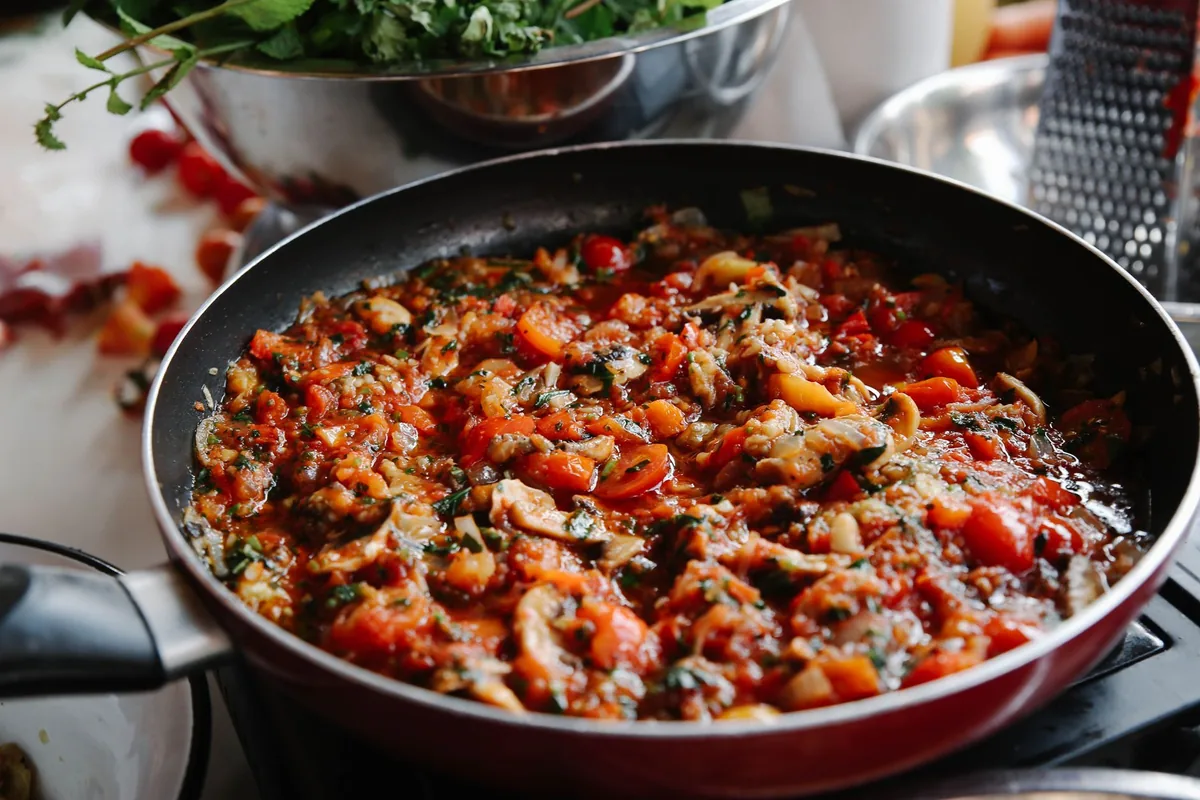 Tinned tomatoes poured into a pan