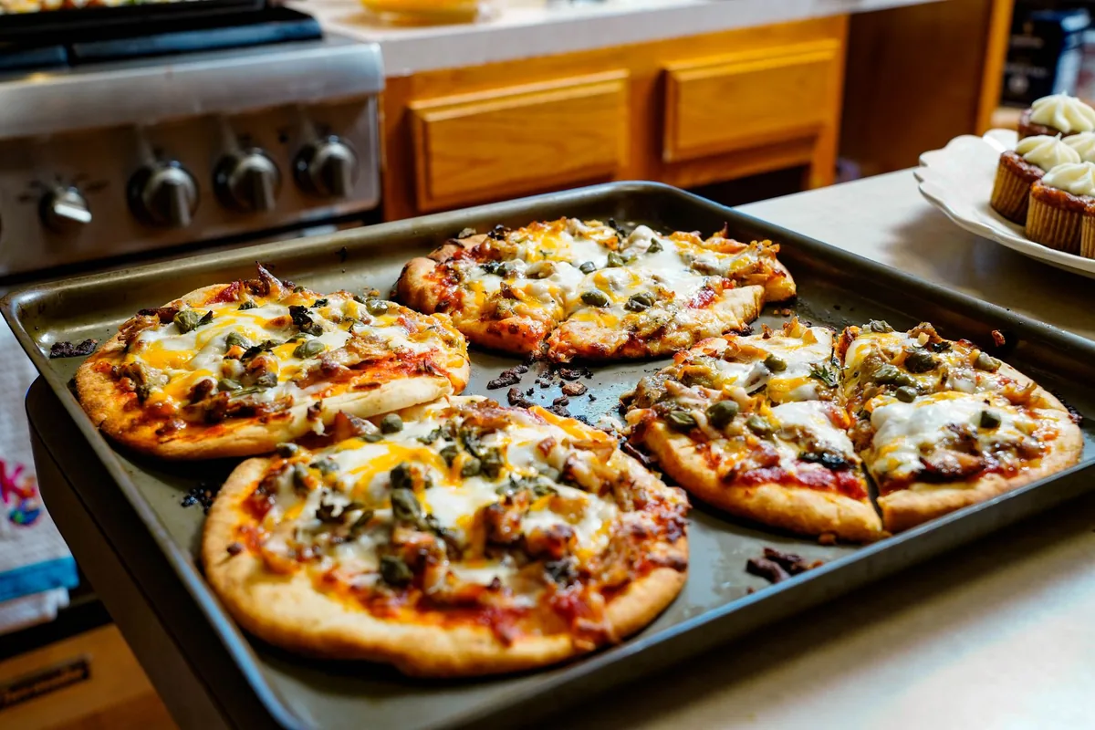 Freshly baked pizzas on a kitchen counter