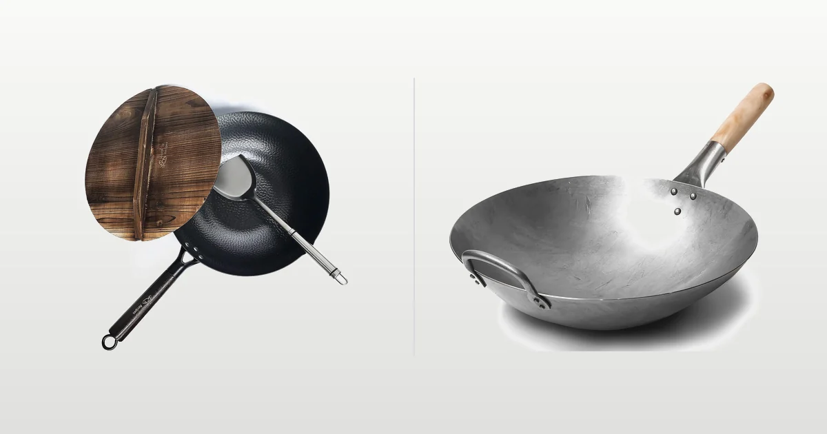 Souped Up Recipes flat bottom carbon steel wok and Craft Wok hand hammered round bottom wok compared side by side