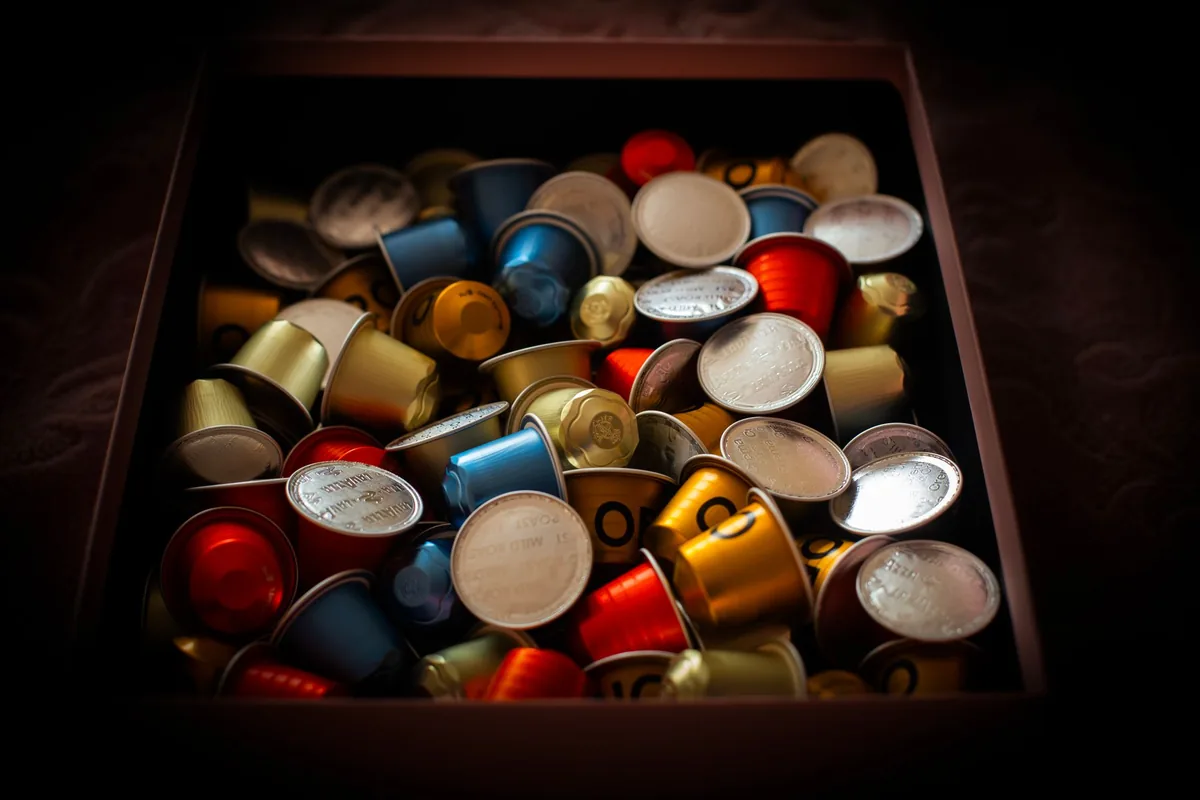 A bowl of single-serve coffee pods beside a scattering of coffee beans