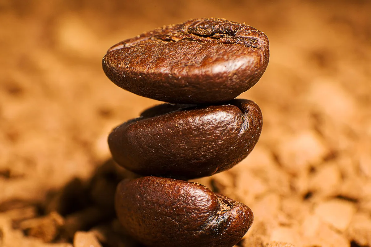 A close view of dark roasted whole coffee beans