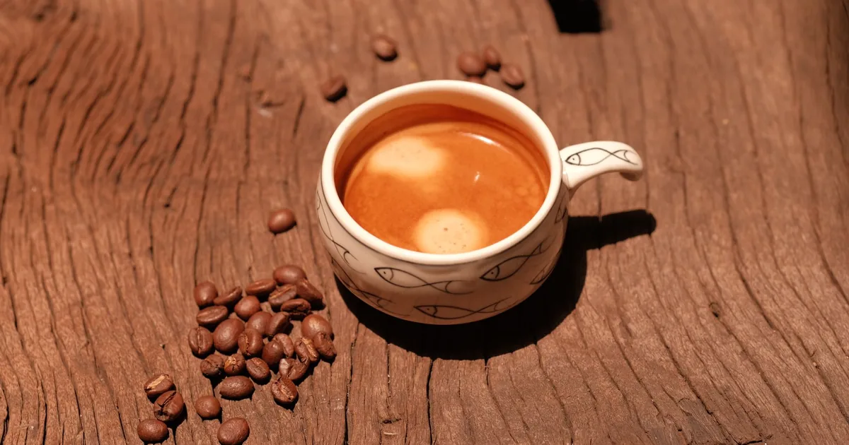 A cup of espresso with crema beside scattered coffee beans on a wooden table