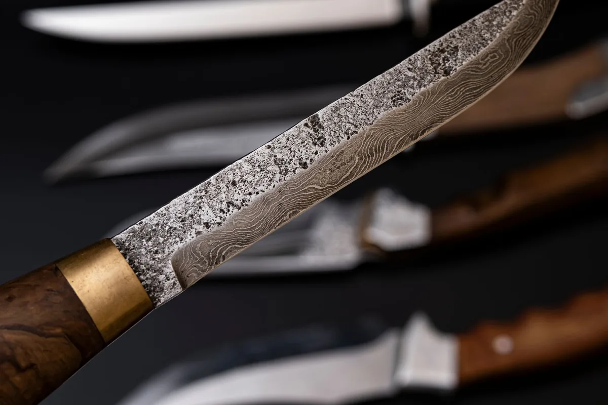A Damascus-patterned blade with a wooden handle on a dark background