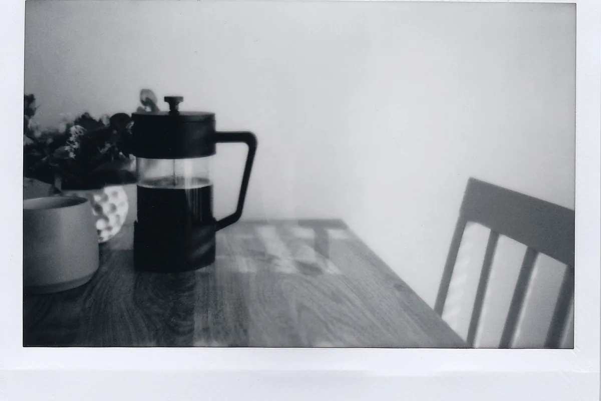 A French press of coffee on a kitchen counter in morning light