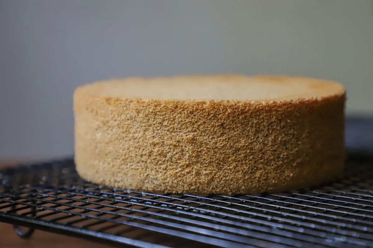 A golden sponge cake cooling on a wire rack on a kitchen table