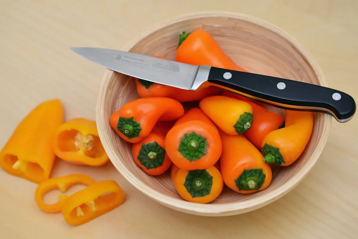 A paring knife resting on a bowl of mini peppers