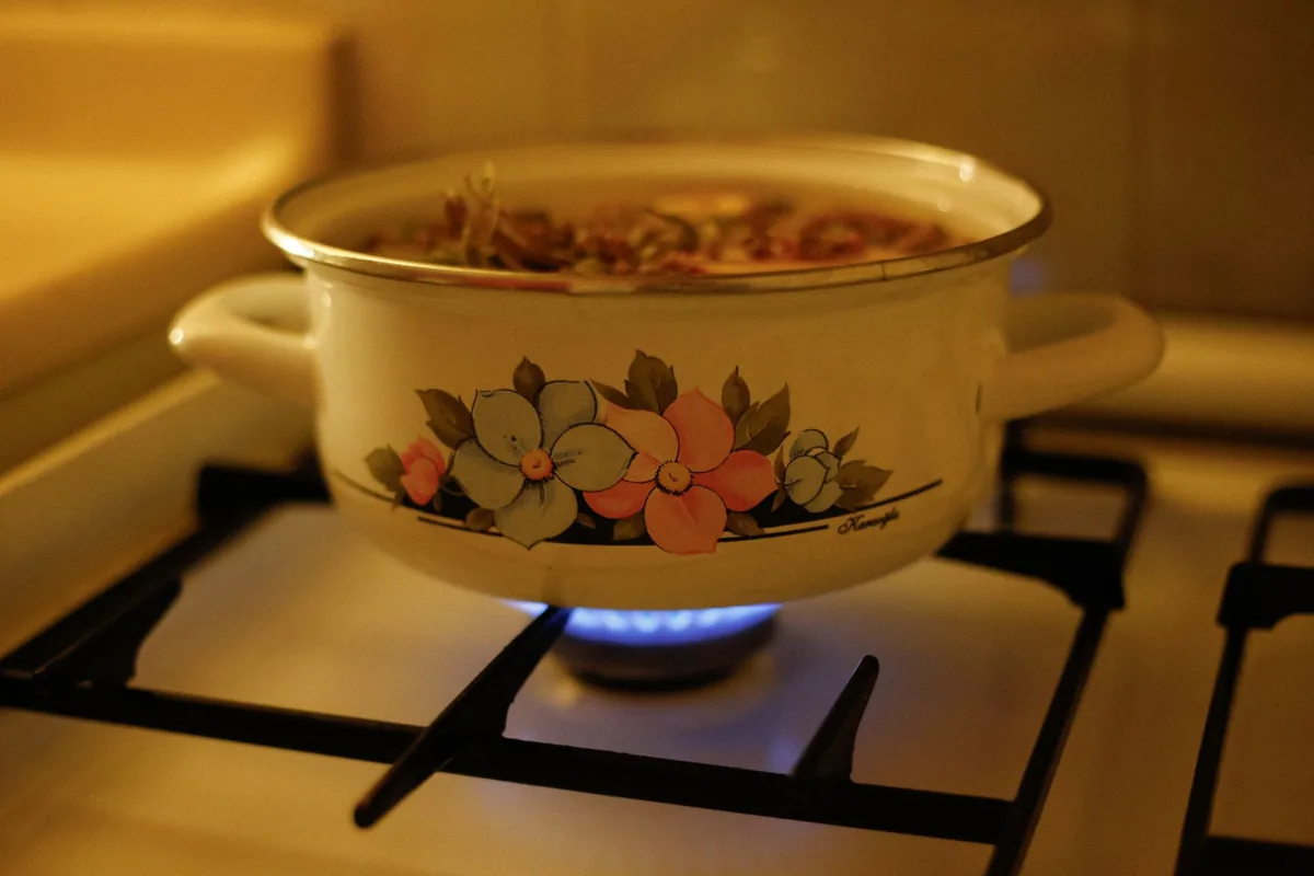 A pot of soup simmering on a gas burner