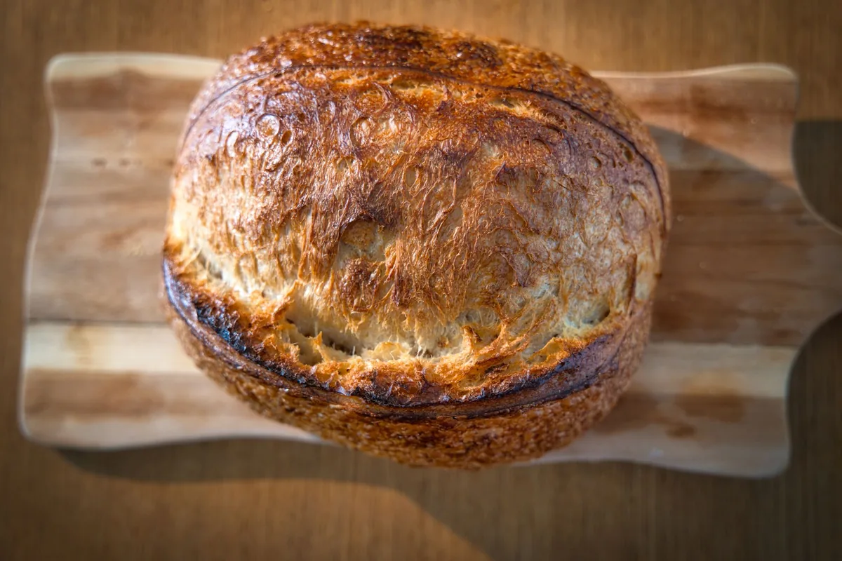 A round crusty sourdough loaf cooling on a wire rack