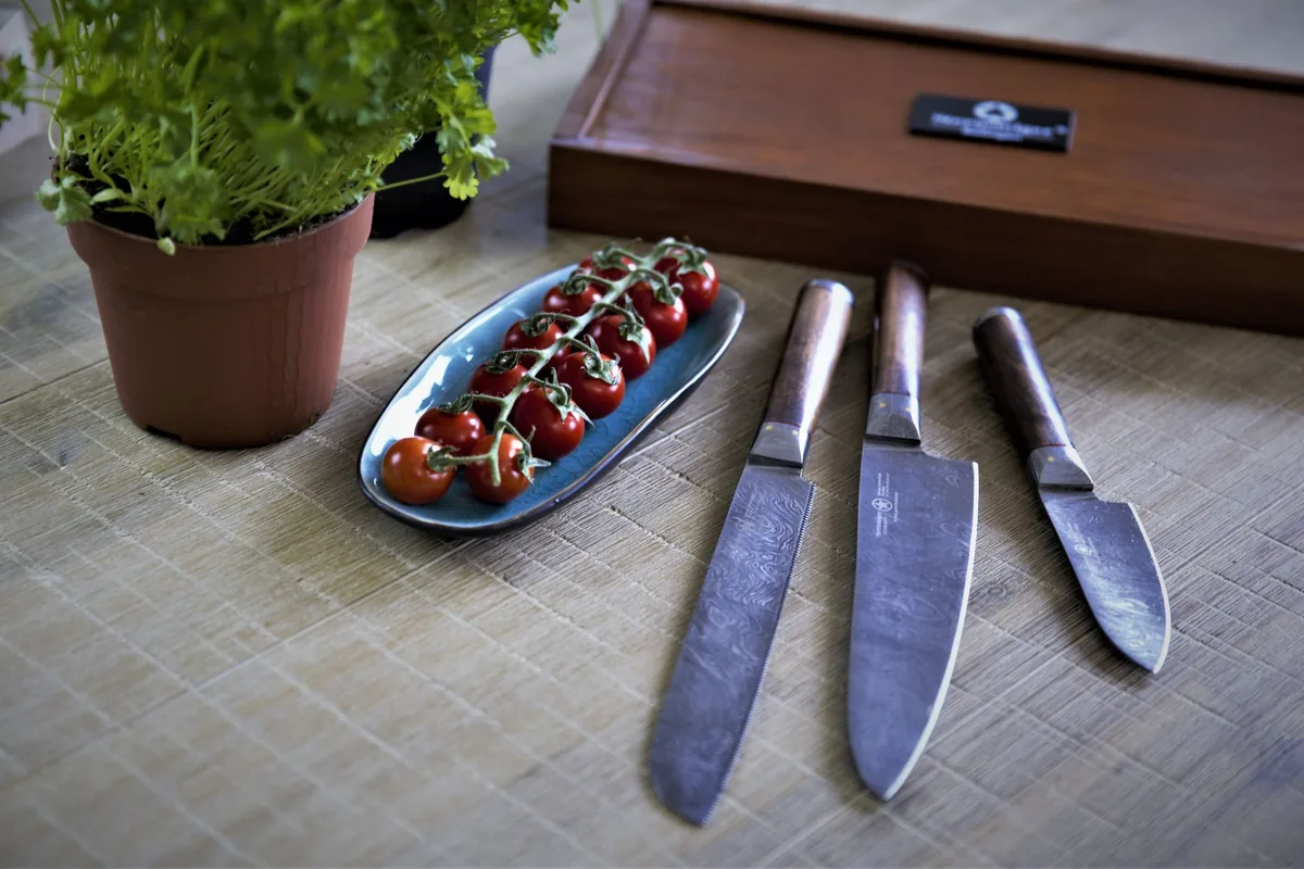 A row of kitchen knives of different shapes and lengths laid side by side on a wooden surface