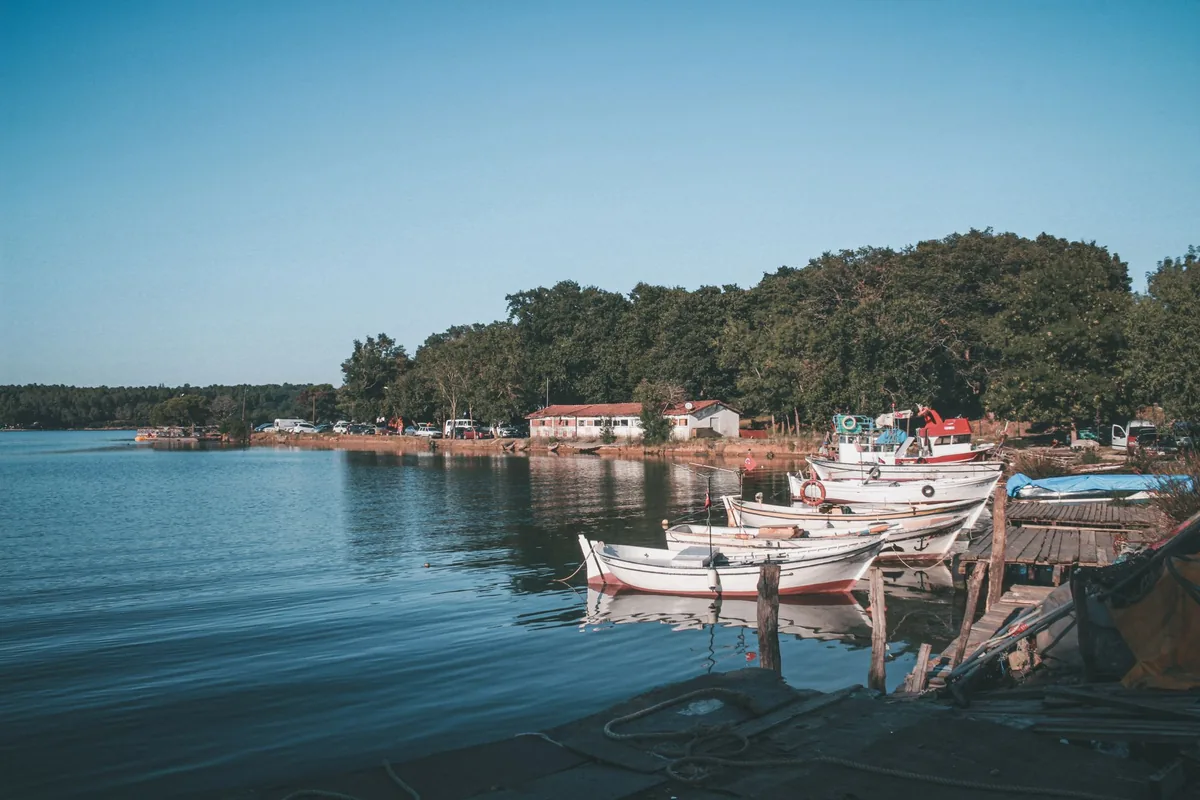A small white fishing boat moored beside a wooden dock on a bright day