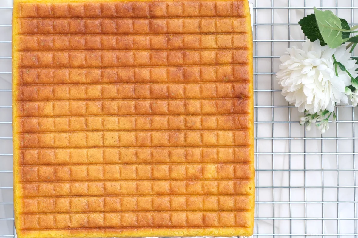 A square sheet cake cut into even pieces on a cooling rack