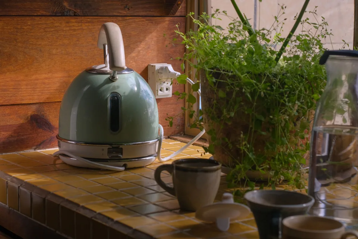 A green electric kettle on a tiled kitchen counter beside herbs