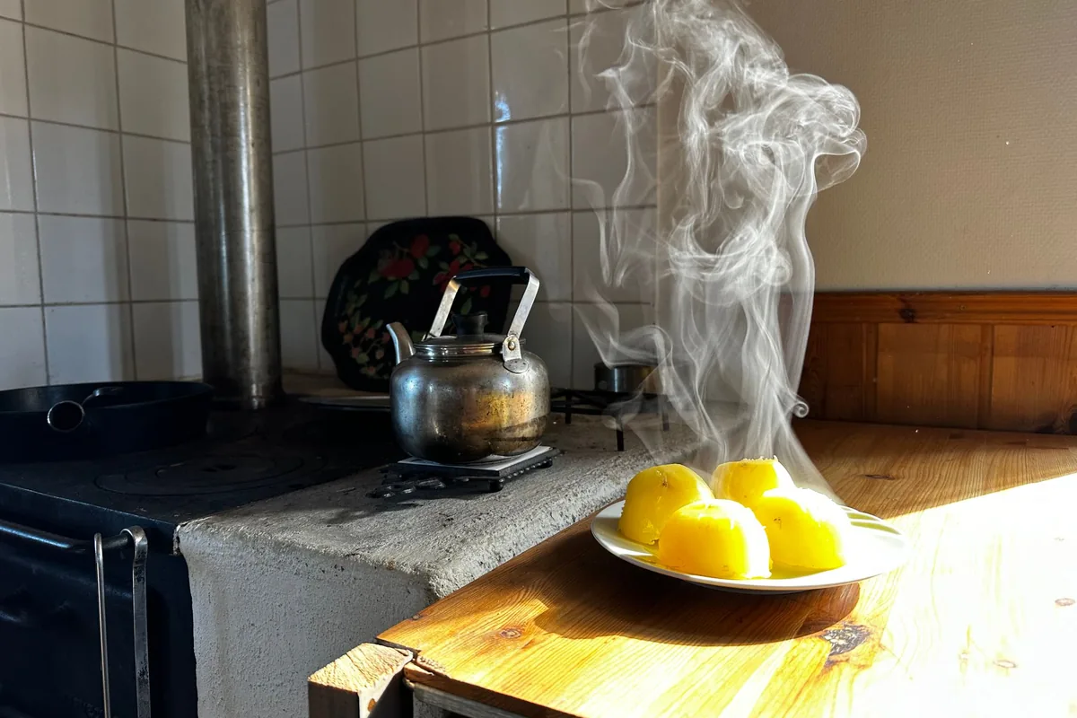 A kettle steaming on a stove beside a plate of lemons