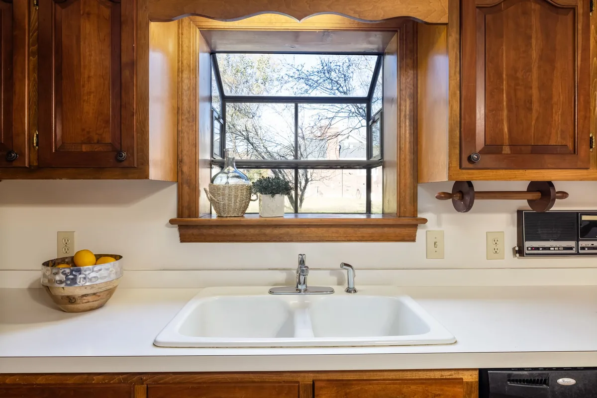 A white double bowl sink below a kitchen window