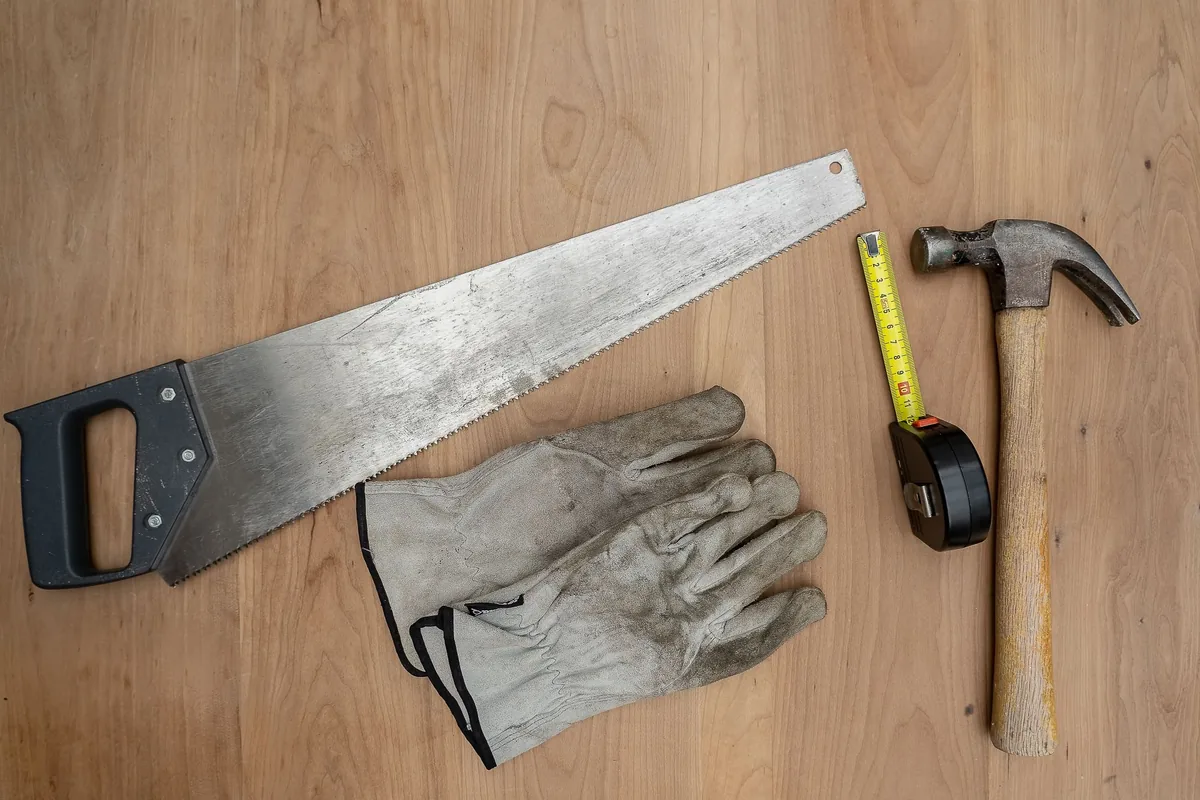 A handsaw, work gloves, hammer and tape measure on a wooden surface