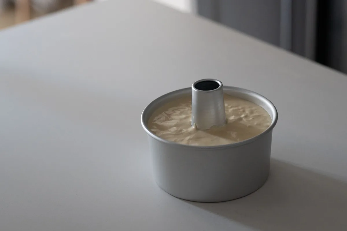 Cake batter in a tube pan on a white counter