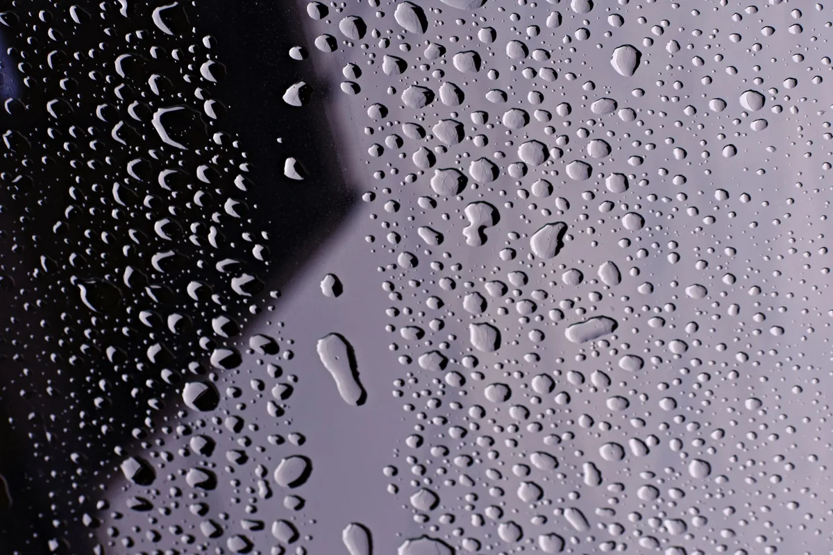 Close-up of small water droplets beaded on a clear glass surface