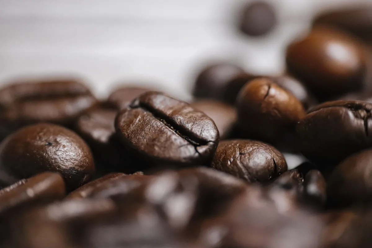 Close-up of whole dark roasted coffee beans