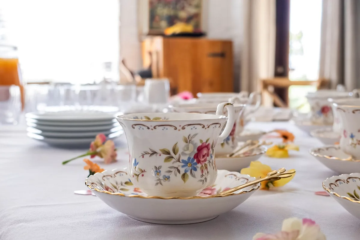 Floral teacups on a white table