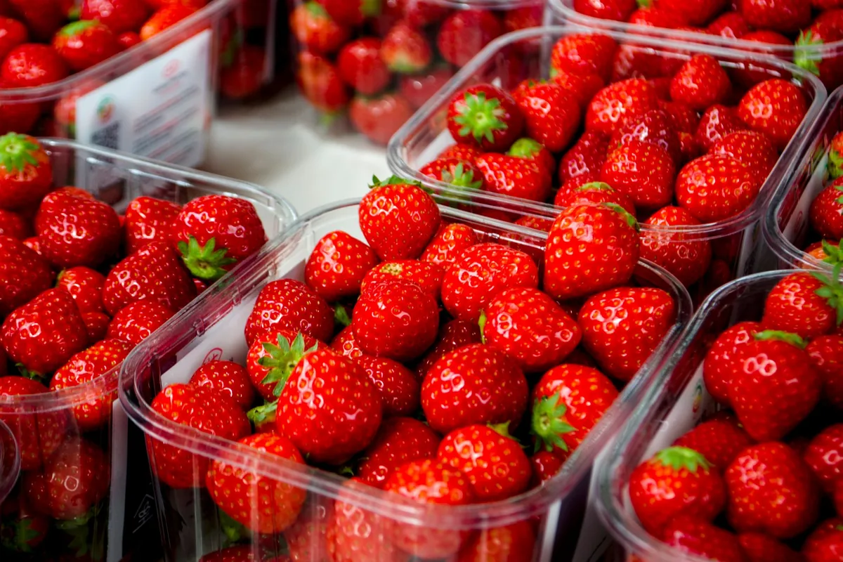 Fresh red strawberries in a clear plastic container on a light kitchen counter