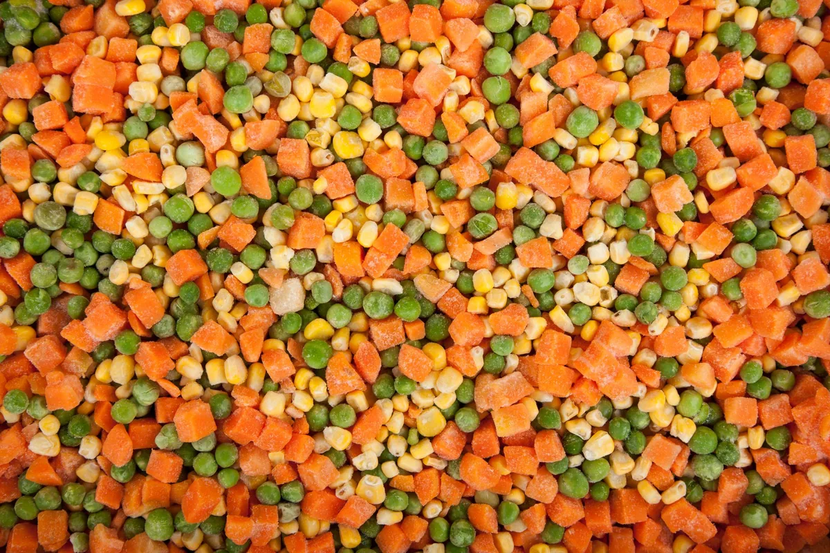 Frozen peas, carrots and sweetcorn spread out together