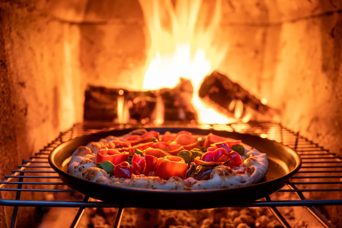 Pizza baking on the stone floor of a wood-fired oven