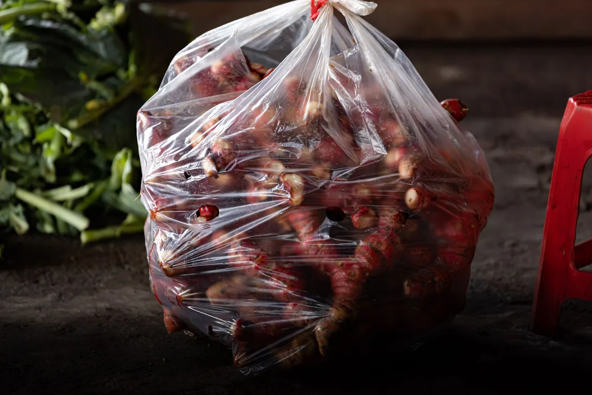 Raw meat packed in a clear plastic bag