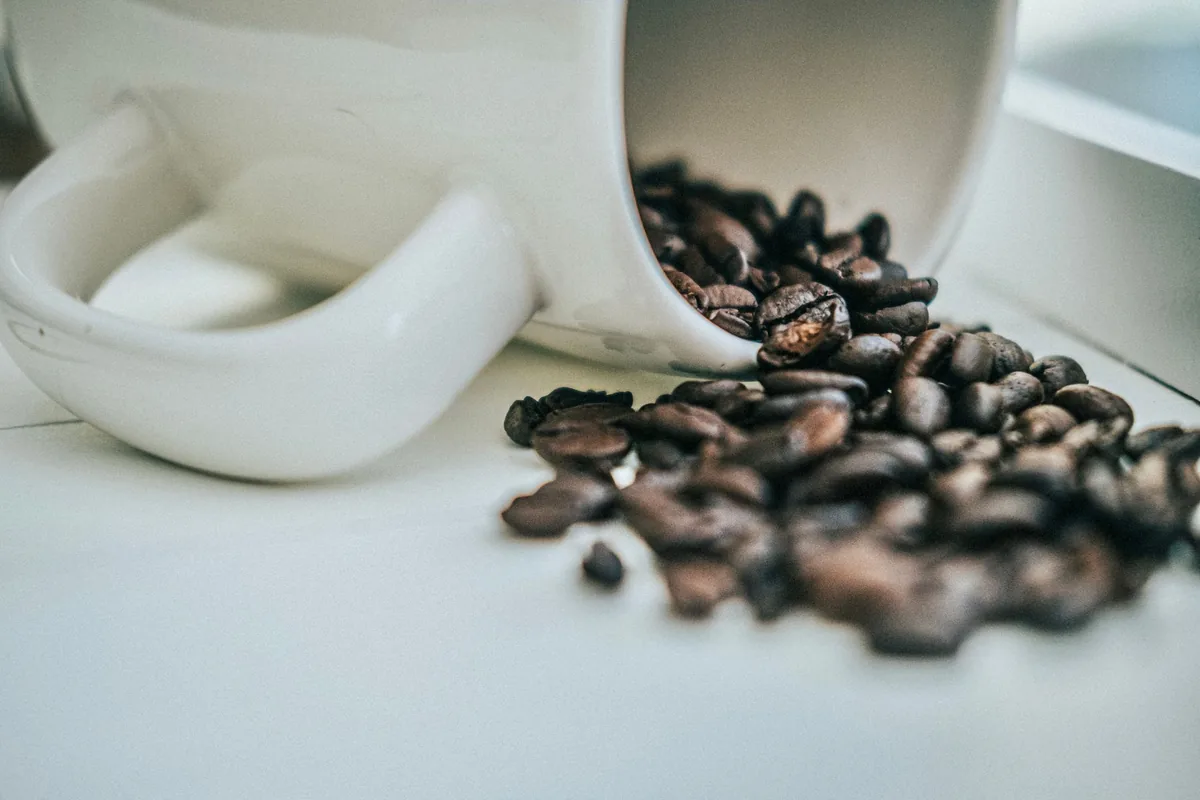 Roasted coffee beans and a small pile of ground coffee on a light wooden table