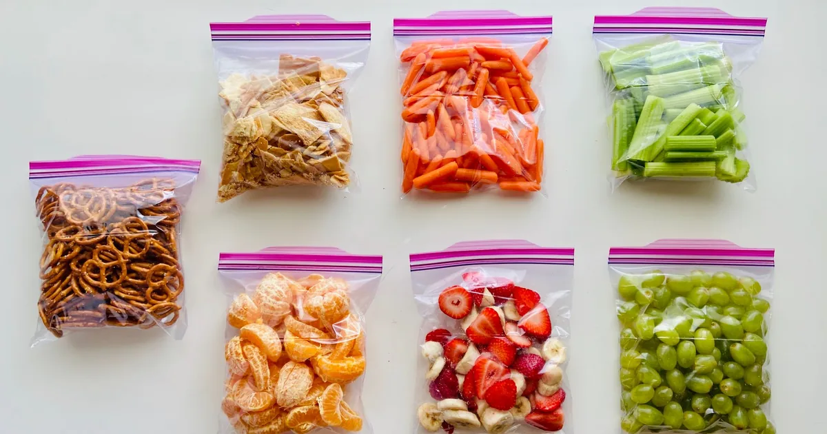 Several flat vacuum-sealed plastic bags of food laid out on a bright kitchen counter