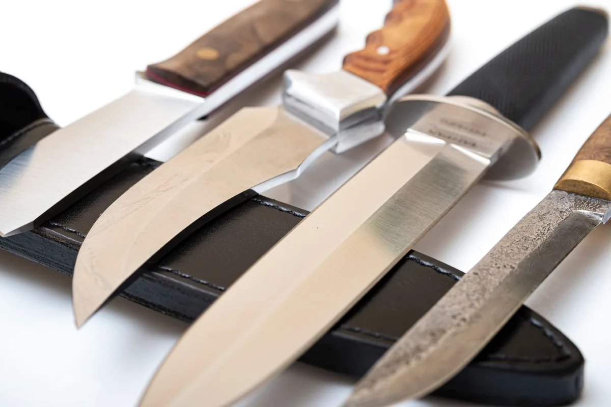 Several steel kitchen knives laid side by side with dark sheaths