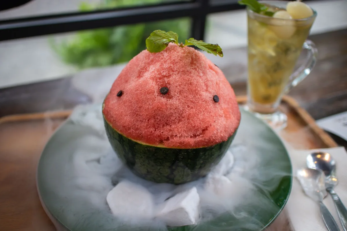 Shaved ice served in a hollowed-out watermelon