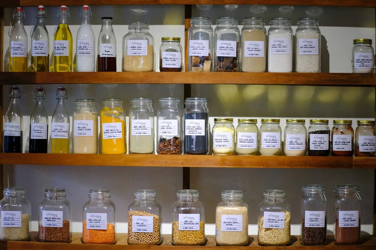 Shelves of glass spice jars