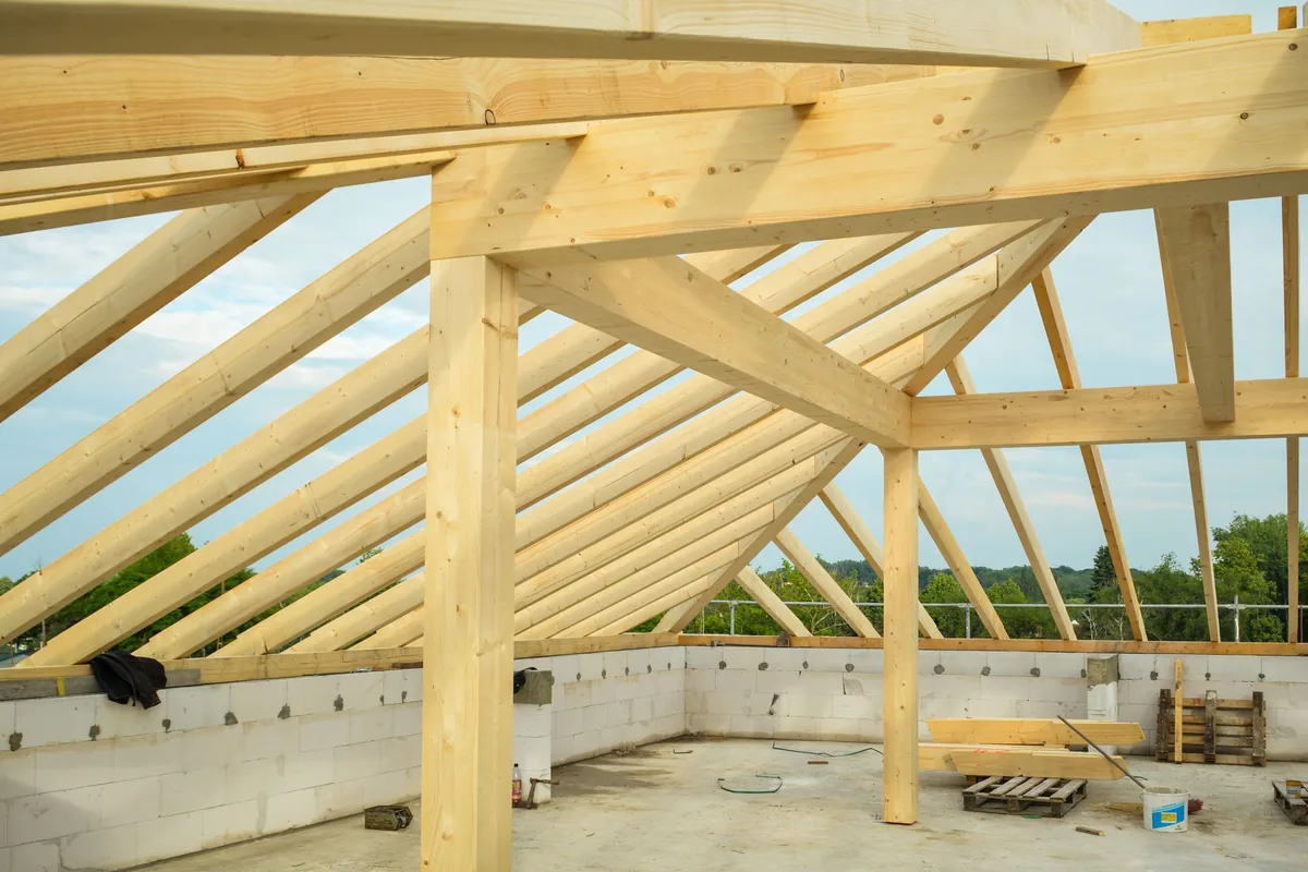 Timber roof framing under construction